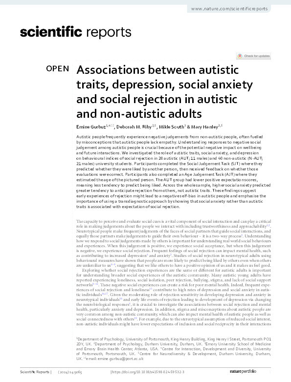 Associations between autistic traits, depression, social anxiety and social rejection in autistic and non-autistic adults Thumbnail