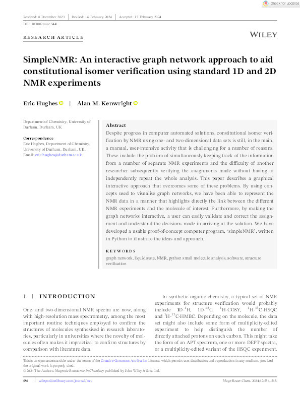 SimpleNMR: An interactive graph network approach to aid constitutional isomer verification using standard 1D and 2D NMR experiments Thumbnail