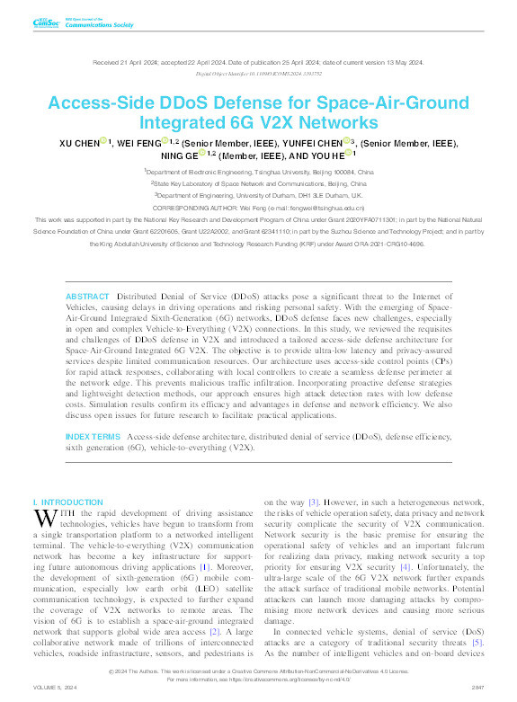 Access-Side DDoS Defense for Space-Air-Ground Integrated 6G V2X Networks Thumbnail