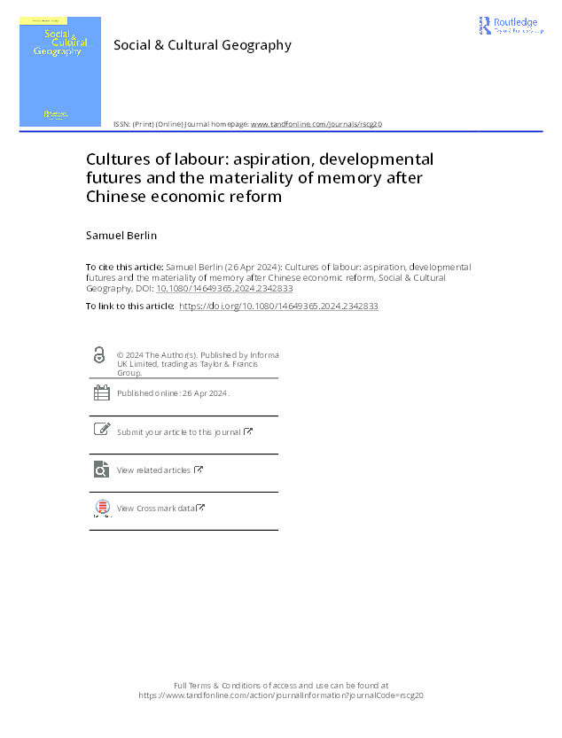Cultures of labour: aspiration, developmental futures and the materiality of memory after Chinese economic reform Thumbnail