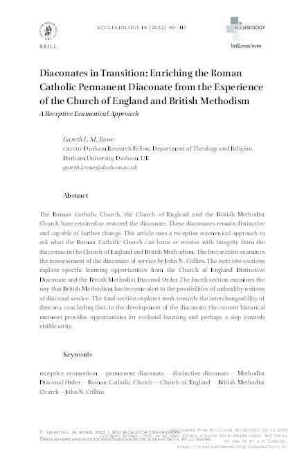 Diaconates in Transition: Enriching the Roman Catholic Permanent Diaconate from the Experience of the Church of England and British Methodism: A Receptive Ecumenical Approach Thumbnail