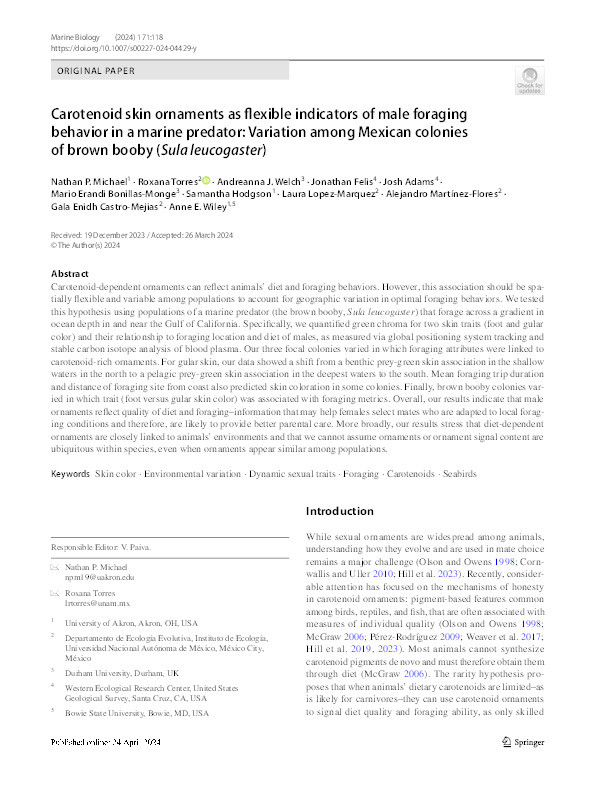 Carotenoid skin ornaments as flexible indicators of male foraging behavior in a marine predator: Variation among Mexican colonies of brown booby ( Sula leucogaster ) Thumbnail