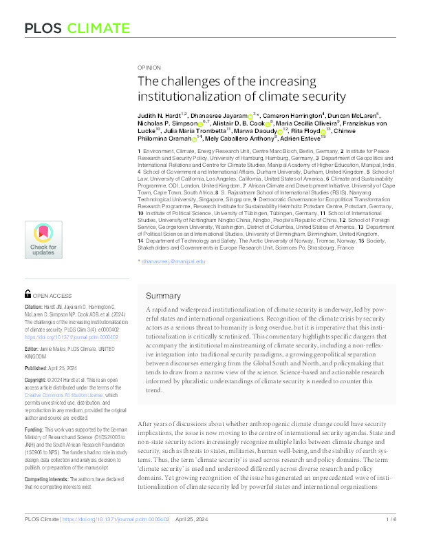 The challenges of the increasing institutionalization of climate security Thumbnail