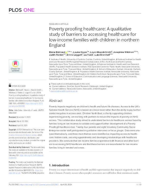 Poverty proofing healthcare: A qualitative study of barriers to accessing healthcare for low-income families with children in northern England Thumbnail