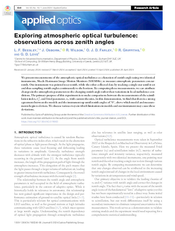 Exploring atmospheric optical turbulence: observations across zenith angles Thumbnail