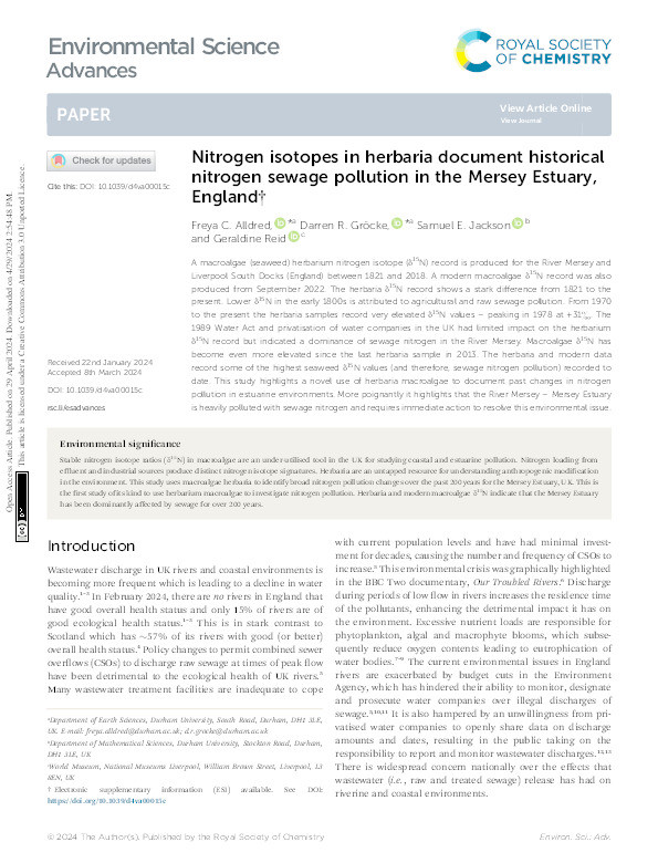 Nitrogen isotopes in herbaria document historical nitrogen sewage pollution in the Mersey Estuary, England Thumbnail
