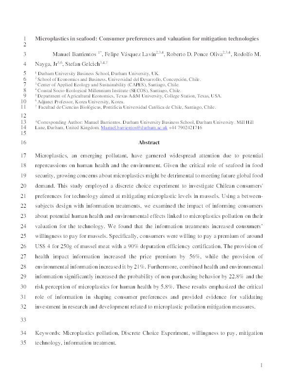 Microplastics in seafood: Consumer preferences and valuation for mitigation technologies Thumbnail