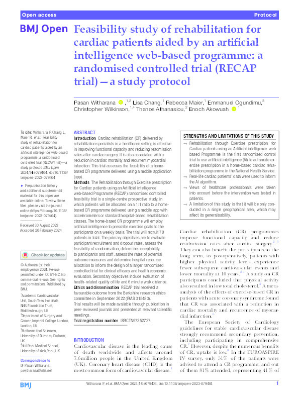 Feasibility study of rehabilitation for cardiac patients aided by an artificial intelligence web-based programme: a randomised controlled trial (RECAP trial)—a study protocol Thumbnail