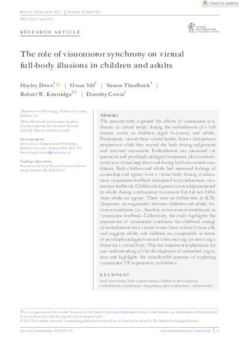 The role of visuomotor synchrony on virtual full‐body illusions in children and adults Thumbnail