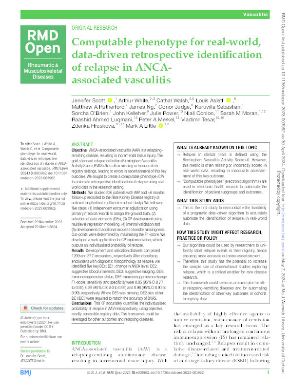Computable phenotype for real-world, data-driven retrospective identification of relapse in ANCA-associated vasculitis Thumbnail