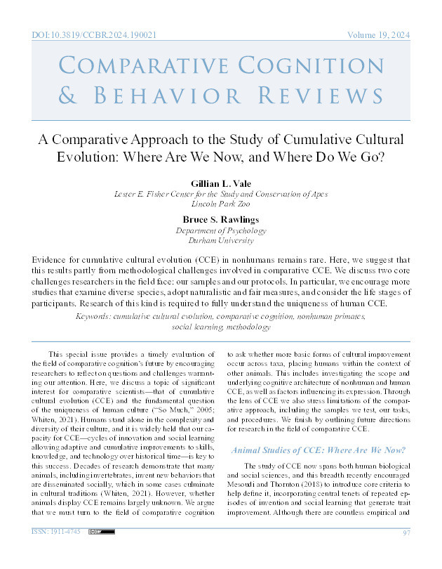 A Comparative Approach to the Study of Cumulative Cultural Evolution: Where Are We Now, and Where Do We Go? Thumbnail