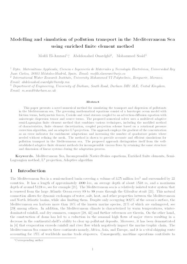Modelling and simulation of pollution transport in the Mediterranean Sea using enriched finite element method Thumbnail