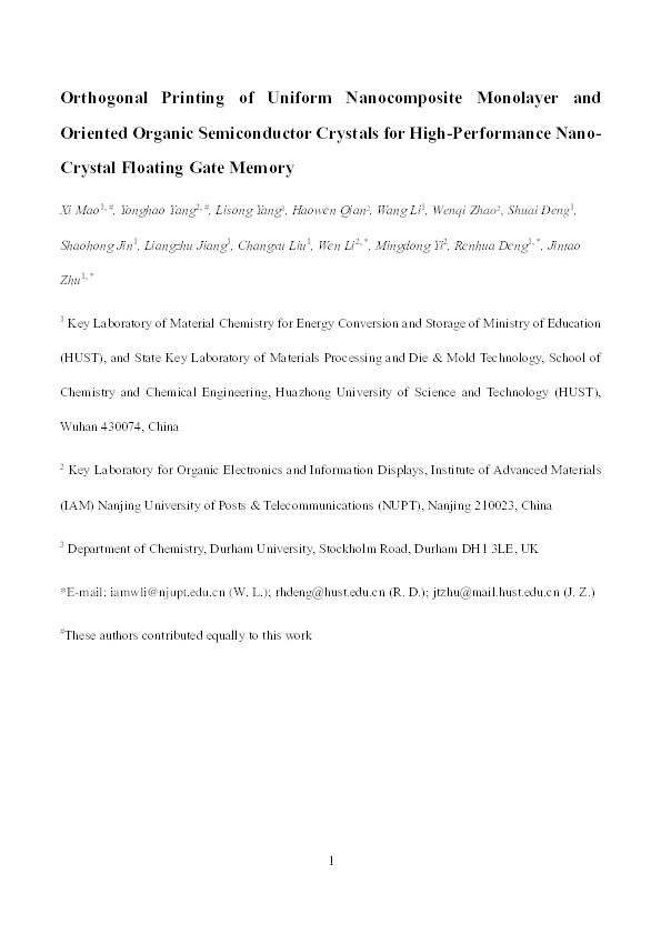 Orthogonal printing of uniform nanocomposite monolayer and oriented organic semiconductor crystals for high-performance nano-crystal floating gate memory Thumbnail