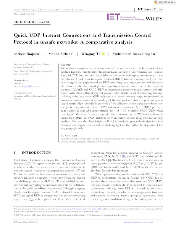 Quick UDP Internet Connections and Transmission Control Protocol in unsafe networks: A comparative analysis Thumbnail