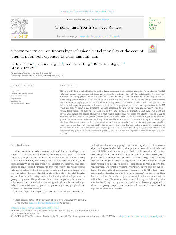 ‘Known to services’ or ‘Known by professionals’: Relationality at the core of trauma-informed responses to extra-familial harm Thumbnail