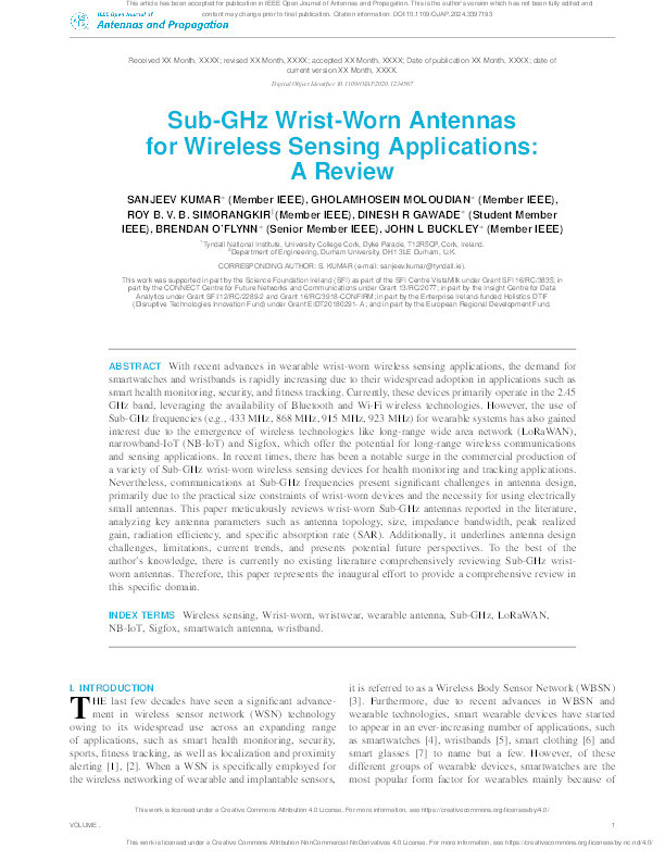 Sub-GHz Wrist-Worn Antennas for Wireless Sensing Applications: A Review Thumbnail