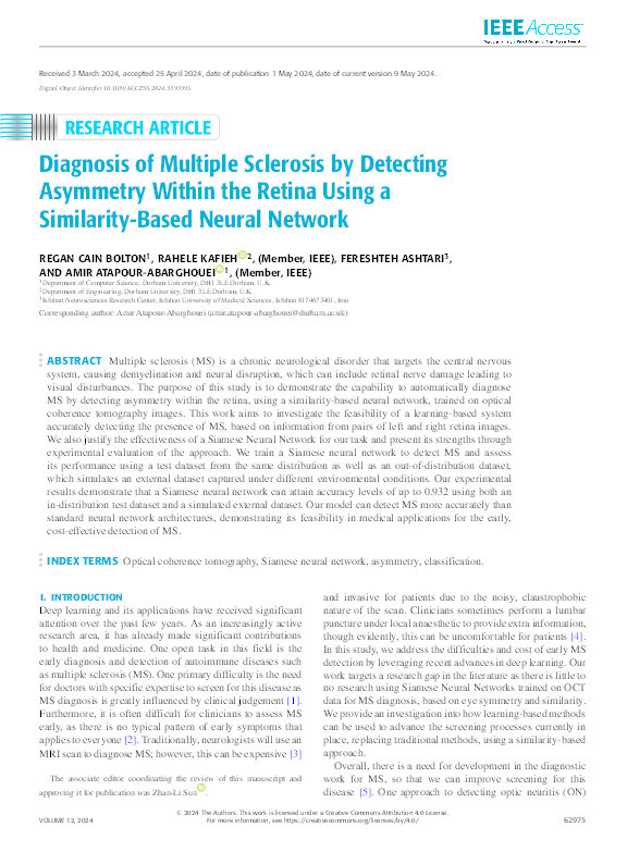 Diagnosis of multiple sclerosis by detecting asymmetry within the retina using a similarity-based neural network Thumbnail