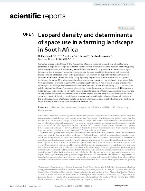 Leopard density and determinants of space use in a farming landscape in South Africa Thumbnail