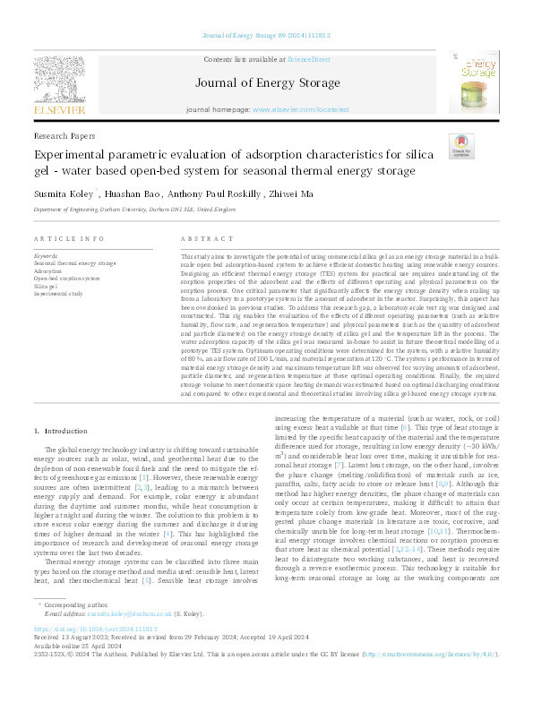 Experimental parametric evaluation of adsorption characteristics for silica gel - water based open-bed system for seasonal thermal energy storage Thumbnail