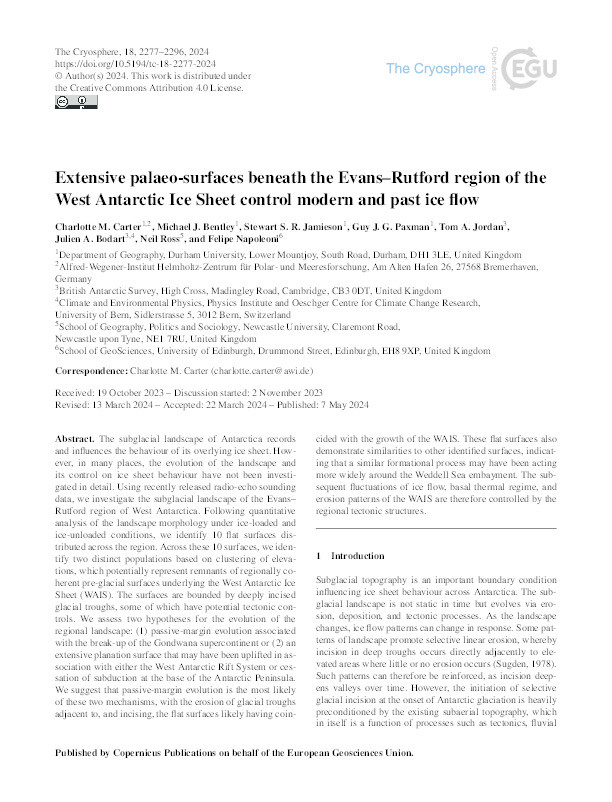 Extensive palaeo-surfaces beneath the Evans–Rutford region of the West Antarctic Ice Sheet control modern and past ice flow Thumbnail