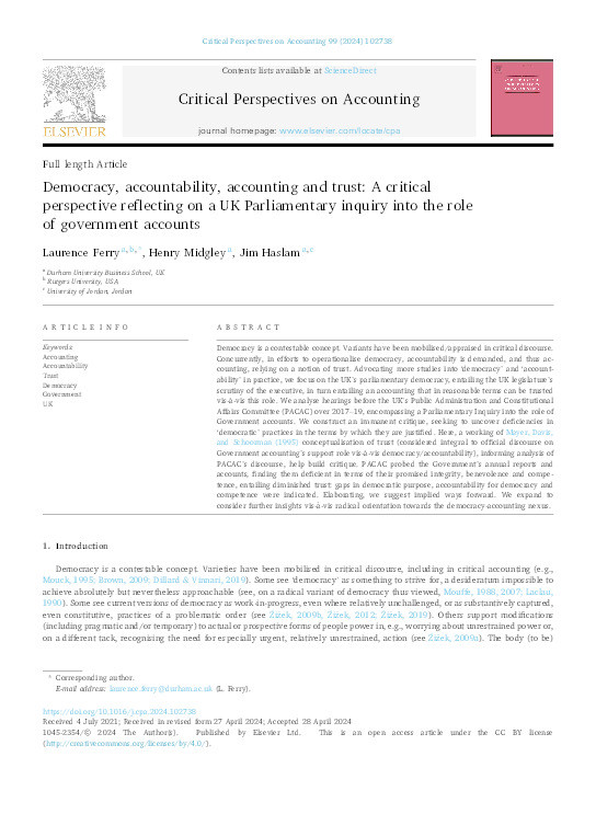 Democracy, accountability, accounting and trust: A critical perspective reflecting on a UK Parliamentary inquiry into the role of government accounts Thumbnail