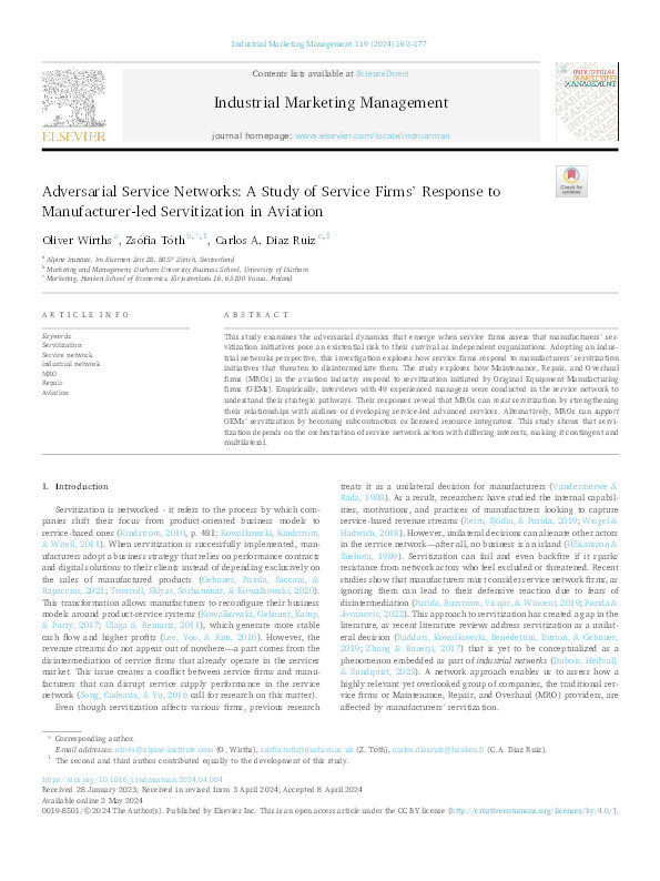 Adversarial Service Networks: A Study of Service Firms’ Response to Manufacturer-led Servitization in Aviation Thumbnail