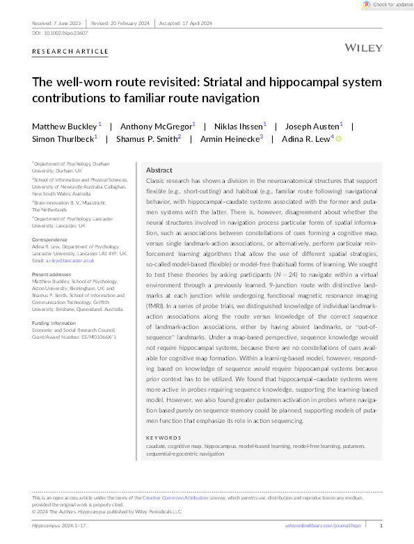 The well‐worn route revisited: Striatal and hippocampal system contributions to familiar route navigation Thumbnail