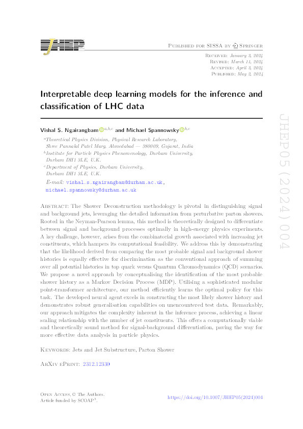 Interpretable deep learning models for the inference and classification of LHC data Thumbnail