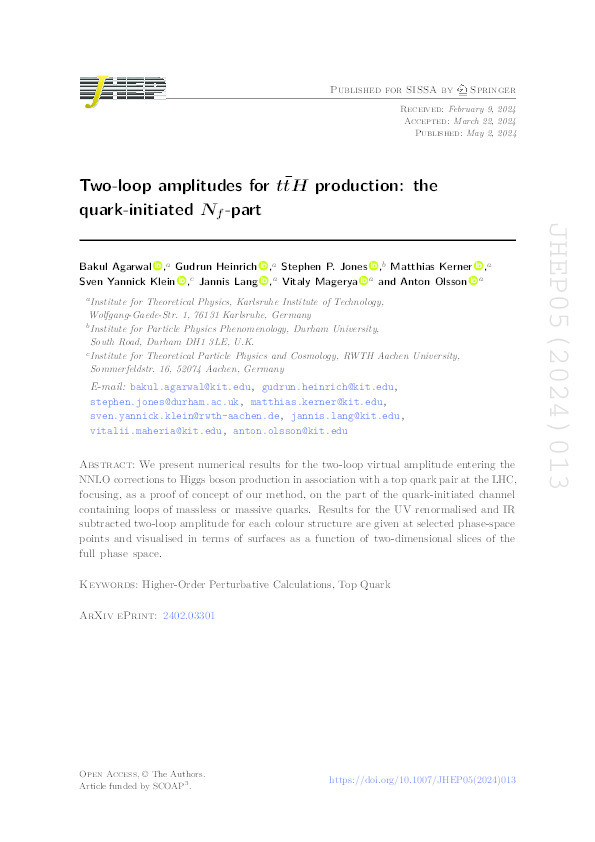 Two-loop amplitudes for t t ¯ H production: the quark-initiated N f -part Thumbnail