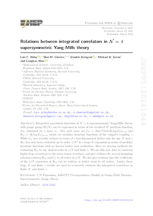 Relations between integrated correlators in N = 4 supersymmetric Yang-Mills theory Thumbnail