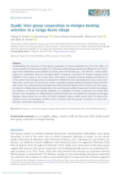 Dyadic inter-group cooperation in shotgun hunting activities in a Congo Basin village. Thumbnail