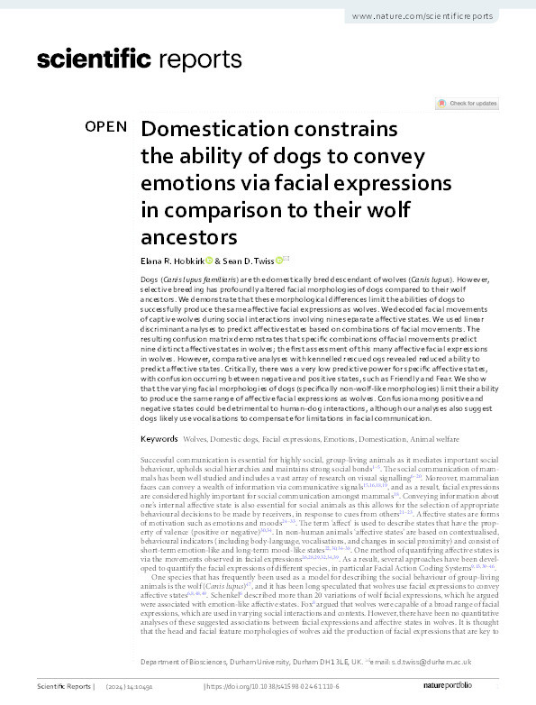 Domestication constrains the ability of dogs to convey emotions via facial expressions in comparison to their wolf ancestors Thumbnail