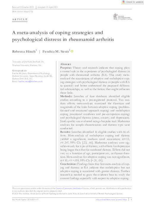 A meta‐analysis of coping strategies and psychological distress in rheumatoid arthritis Thumbnail