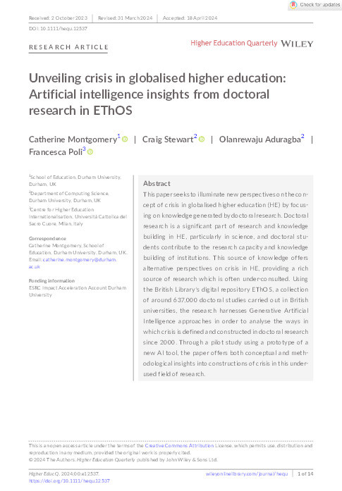 Unveiling crisis in globalised higher education: Artificial intelligence insights from doctoral research in EThOS Thumbnail