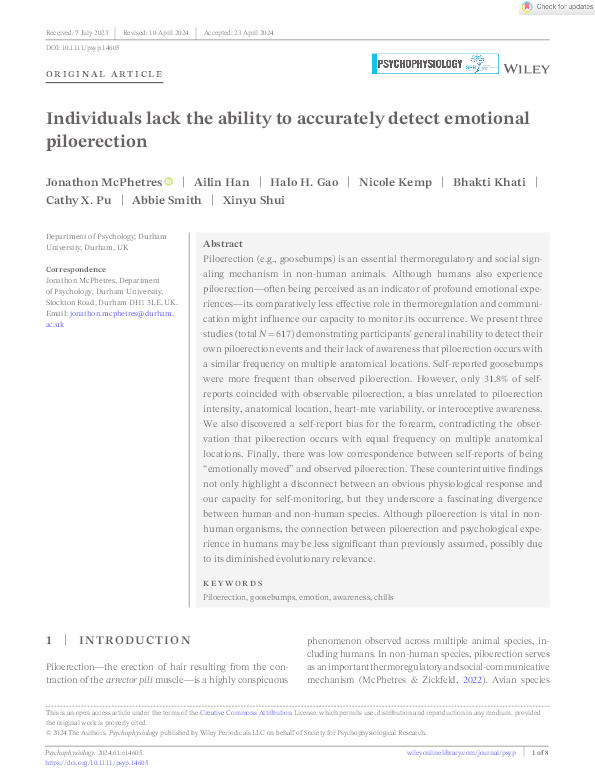 Individuals lack the ability to accurately detect emotional piloerection Thumbnail