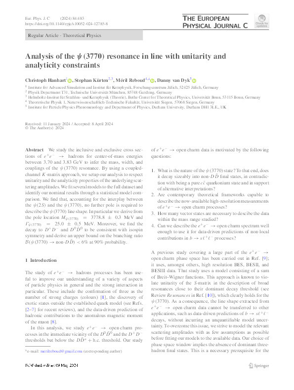 Analysis of the ψ ( 3770 ) resonance in line with unitarity and analyticity constraints Thumbnail
