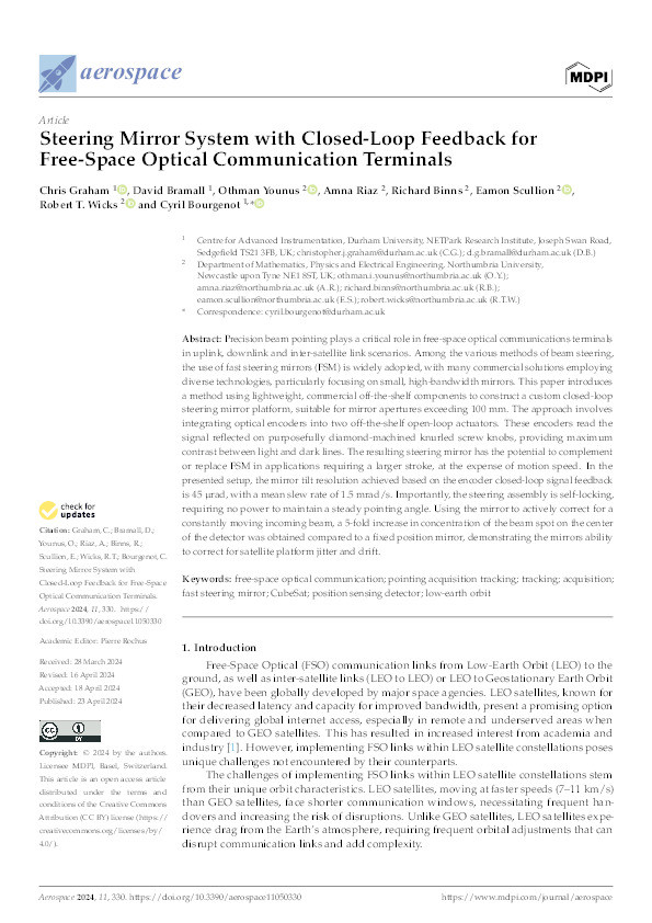 Steering Mirror System with Closed-Loop Feedback for Free-Space Optical Communication Terminals Thumbnail