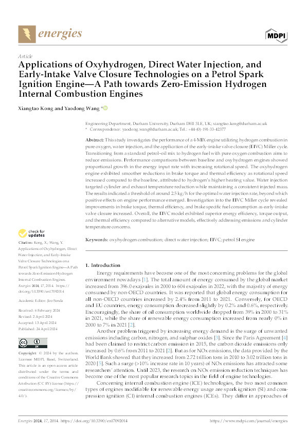 Applications of Oxyhydrogen, Direct Water Injection, and Early-Intake Valve Closure Technologies on a Petrol Spark Ignition Engine—A Path towards Zero-Emission Hydrogen Internal Combustion Engines Thumbnail