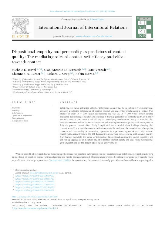 Dispositional empathy and personality as predictors of contact quality: The mediating roles of contact self-efficacy and effort towards contact Thumbnail