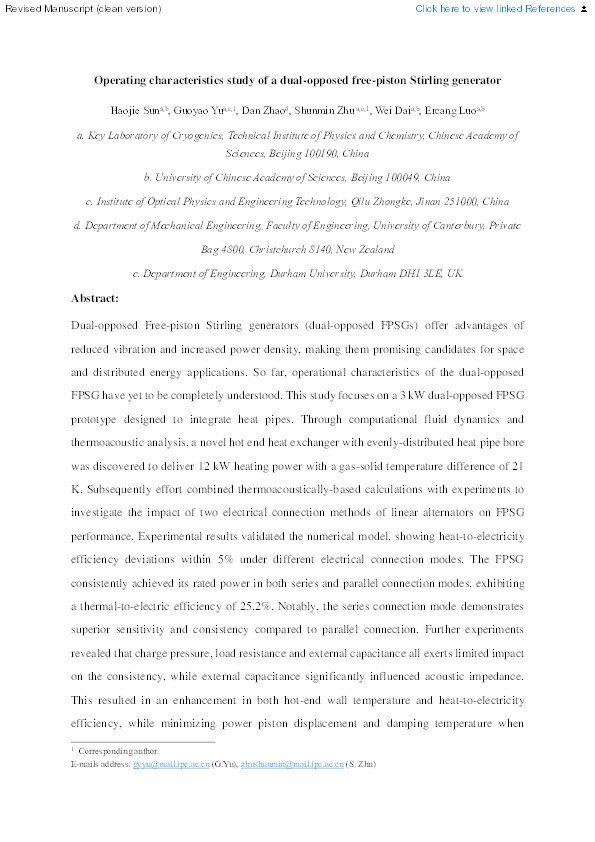 Operating characteristics study of a dual-opposed free-piston Stirling generator Thumbnail