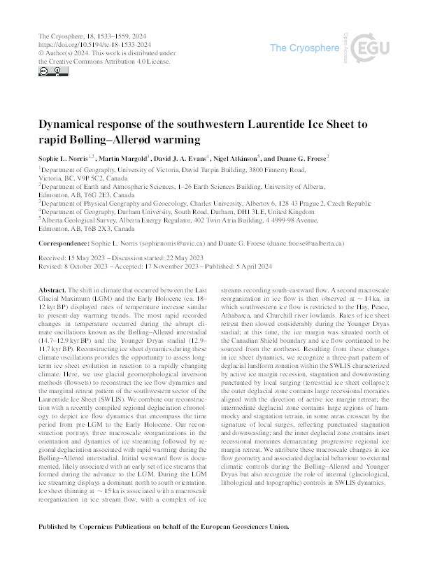 Dynamical response of the southwestern Laurentide Ice Sheet to rapid Bølling–Allerød warming Thumbnail