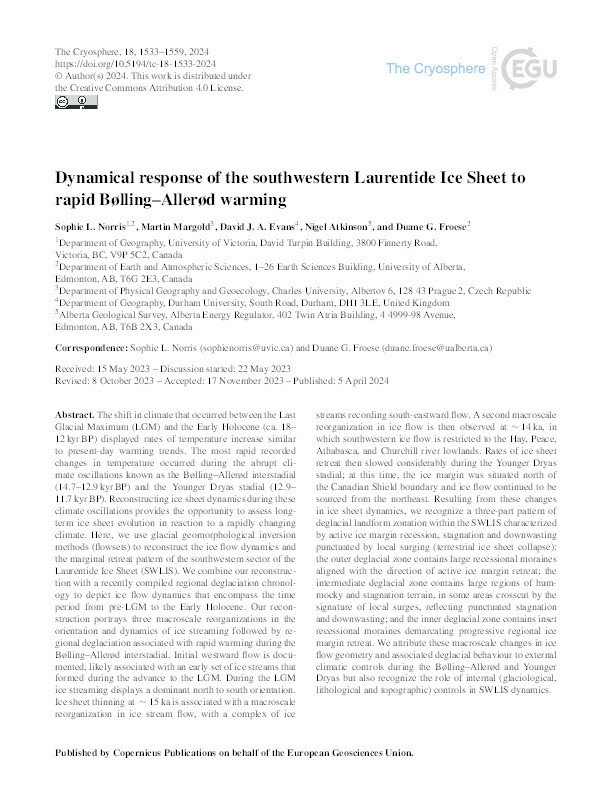 Dynamical response of the southwestern Laurentide Ice Sheet to rapid Bølling–Allerød warming Thumbnail