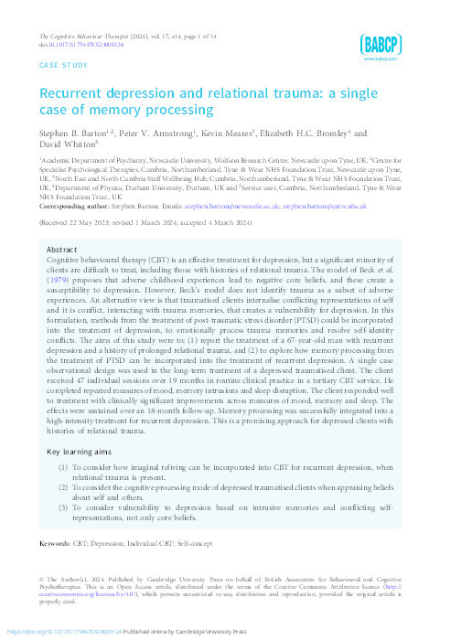 Recurrent depression and relational trauma: a single case of memory processing Thumbnail