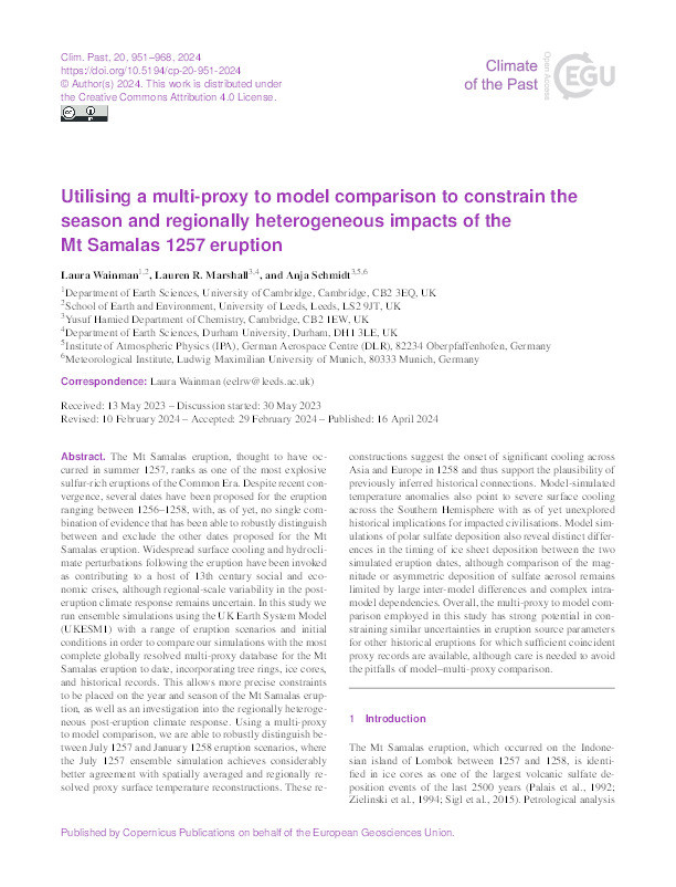 Utilising a multi-proxy to model comparison to constrain the season and regionally heterogeneous impacts of the Mt Samalas 1257 eruption Thumbnail