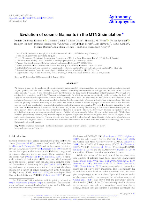 Evolution of cosmic filaments in the MTNG simulation Thumbnail