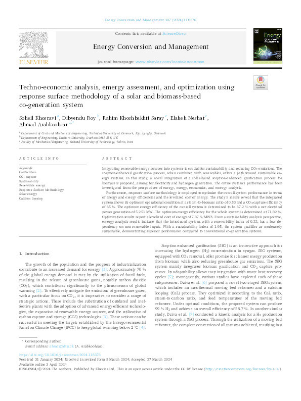 Techno-economic analysis, emergy assessment, and optimization using response surface methodology of a solar and biomass-based co-generation system Thumbnail