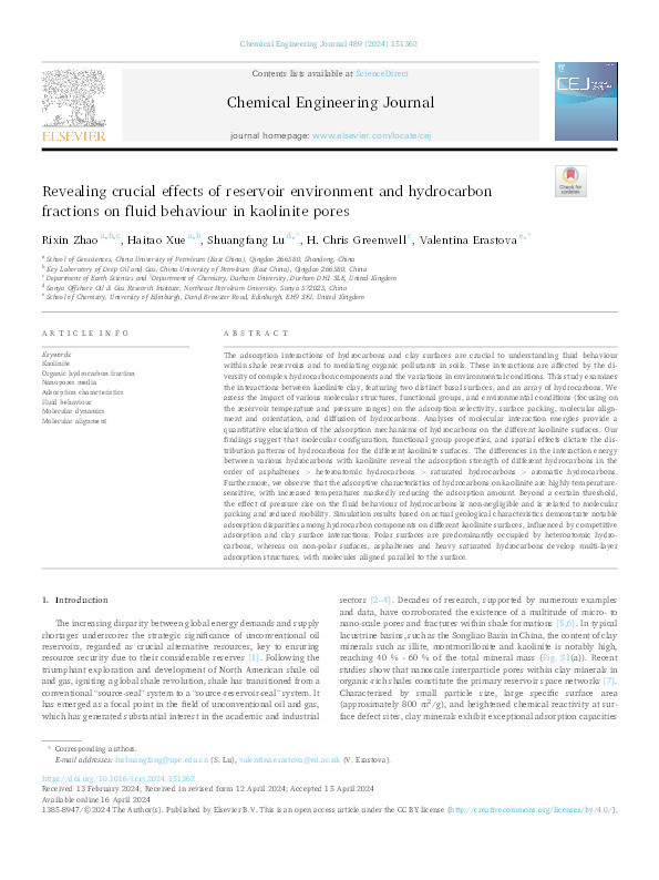 Revealing crucial effects of reservoir environment and hydrocarbon fractions on fluid behaviour in kaolinite pores Thumbnail