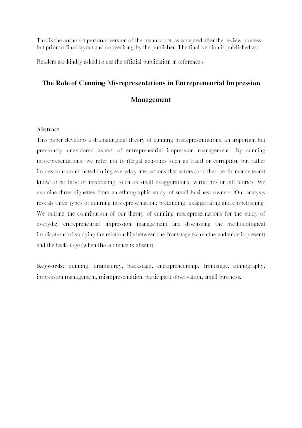 The Role of Cunning Misrepresentations in Entrepreneurial Impression Management Thumbnail