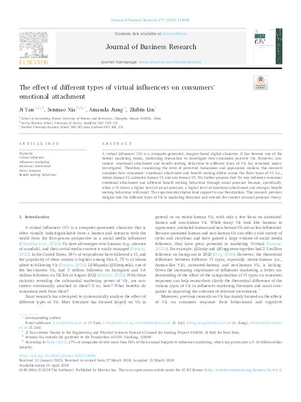 The effect of different types of virtual influencers on consumers’ emotional attachment Thumbnail