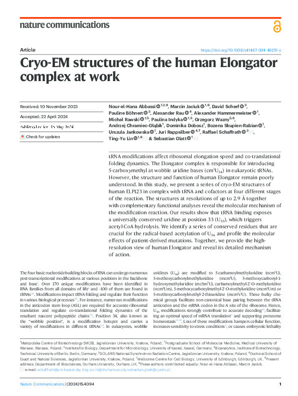 Cryo-EM structures of the human Elongator complex at work Thumbnail